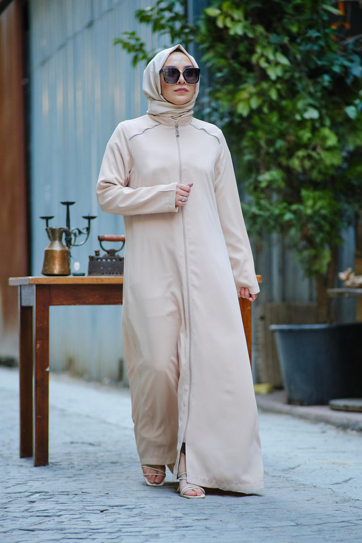Stone Trim Abaya Beige
