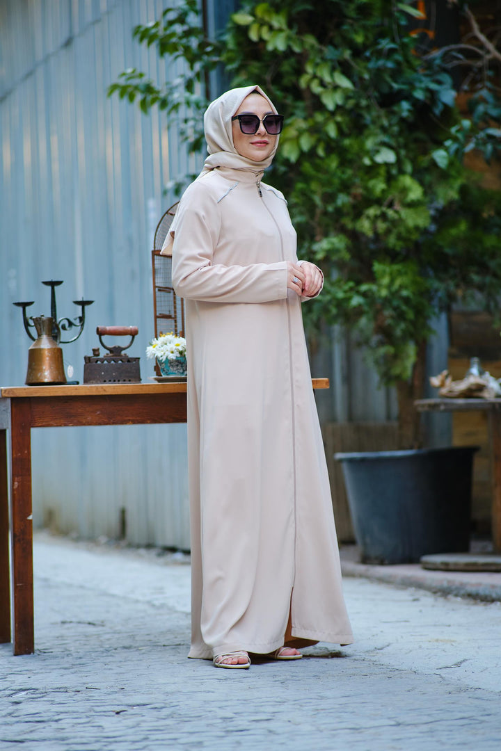 Stone Trim Abaya Beige