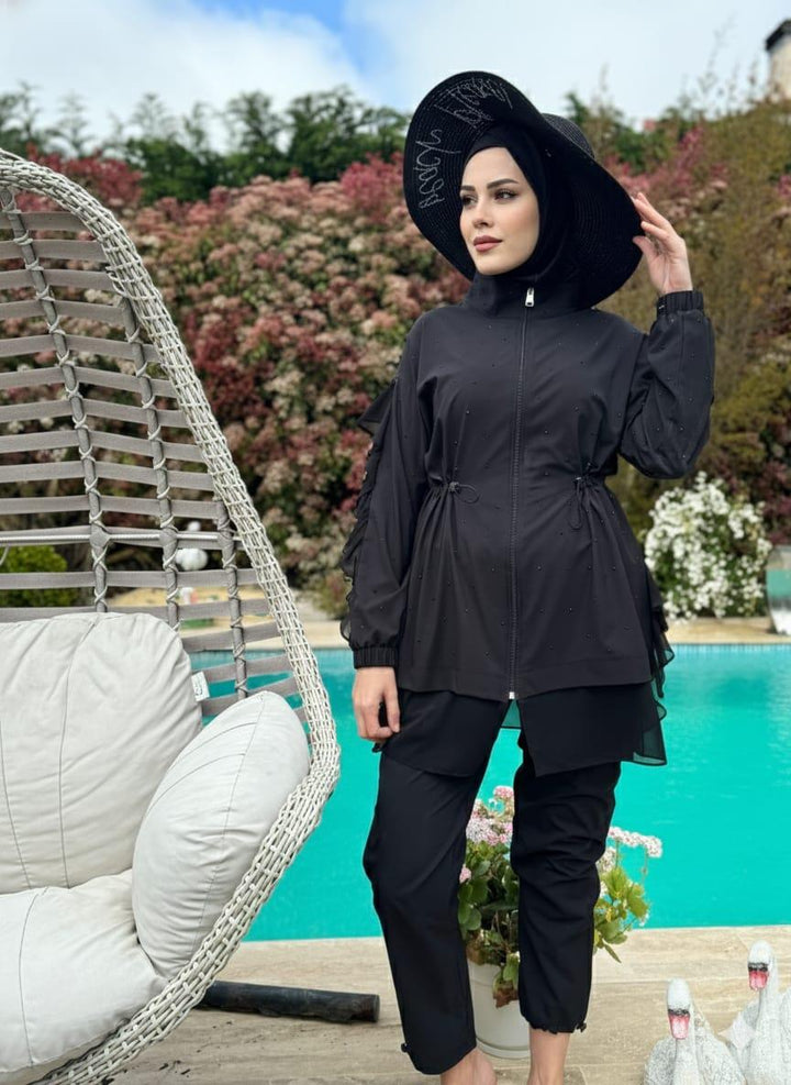 TAŞLI ŞİFON FIRFIRLI TESETTÜR MAYO Siyah