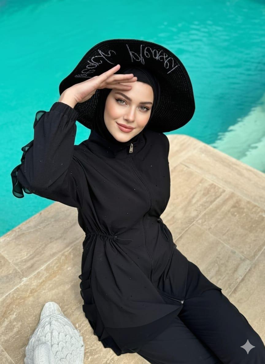 TAŞLI ŞİFON FIRFIRLI TESETTÜR MAYO Siyah