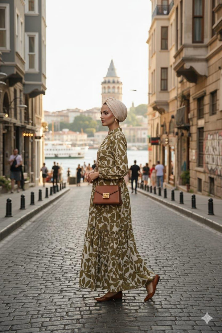 YAPRAK DESENLİ CUPRA KETEN ELBİSE Olive