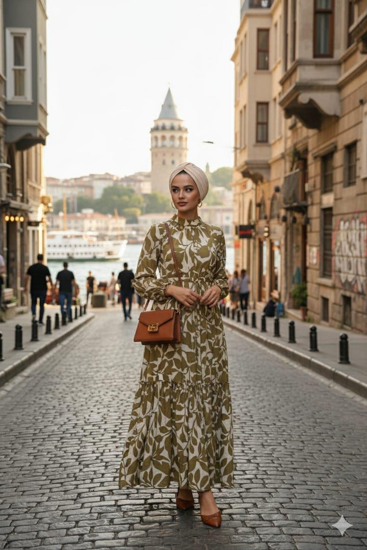 YAPRAK DESENLİ CUPRA KETEN ELBİSE Olive
