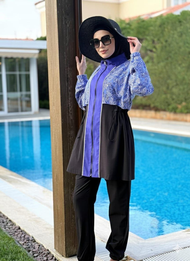 YAPRAK DESENLİ TESETTÜR MAYO Siyah