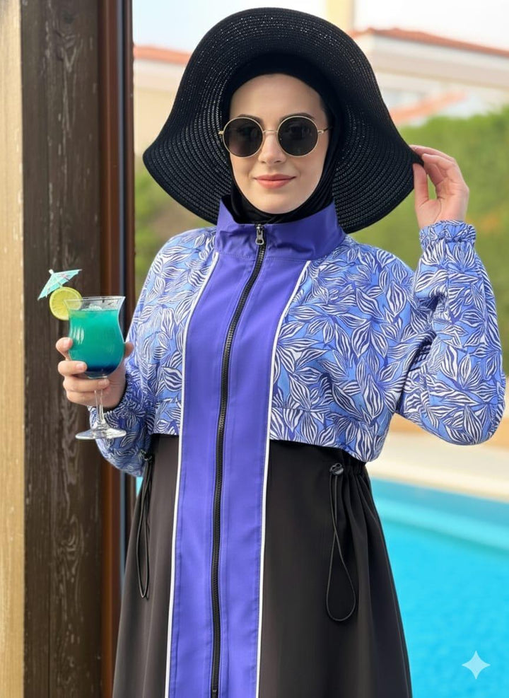 YAPRAK DESENLİ TESETTÜR MAYO Siyah