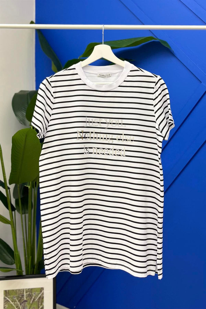 YAZILI ÇİZGİLİ T-SHIRT Siyah Çizgili